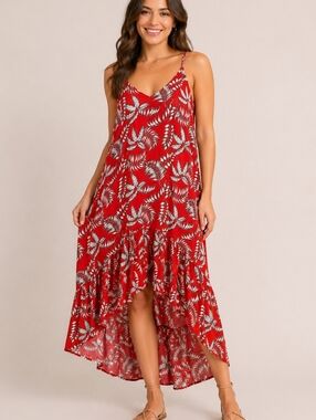 Red Floral Maxi Hi-Lo Slip Dress with Spaghetti Straps